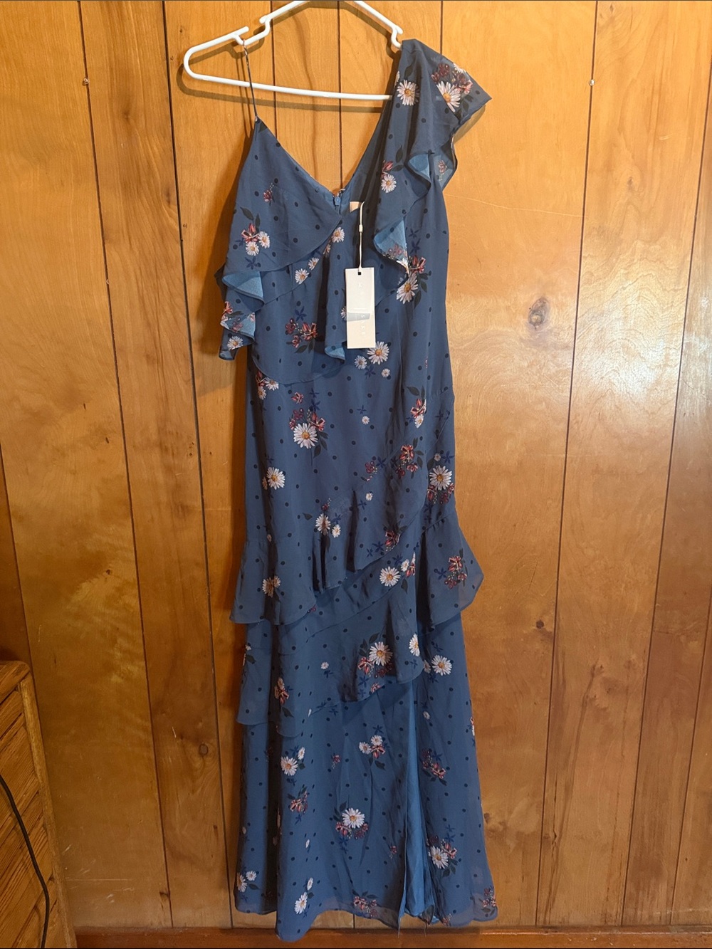 Floral One-Shoulder Ruffle Maxi Dress in Slate Blue